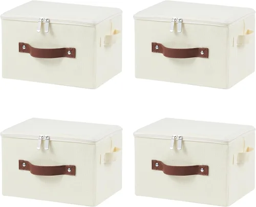 Miniatura 46 de Contenedores de almacenamiento con tapa con cremallera, de tela de lino y algodón, plegables, lavables, para armario, estantes, organizador de ropa
