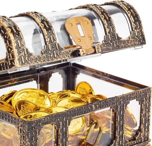 Miniatura 5 de Caja de tesoro pirata antigua transparente de plástico con cerradura y llave, caja de juguetes del tesoro premios para niños, decoración de fiesta