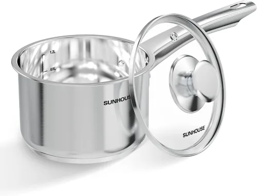 Sunhouse Cacerola de acero inoxidable de 1.5 cuartos de galón con tapa, olla pequeña para cocinar, sin PFOA, base de inducción avanzada de unión de