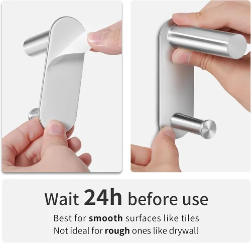 Miniatura 6 de Toallero adhesivo de 24 pulgadas – Toallero de acero inoxidable para baño, soporte de toalla sin perforaciones con 2 ganchos, níquel cepillado