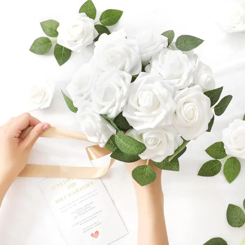 Miniatura 7 de DerBlue 60 rosas artificiales con tallo y 10 hojas verdes, rosas falsas de aspecto real, rosas artificiales de espuma para decoración de bodas