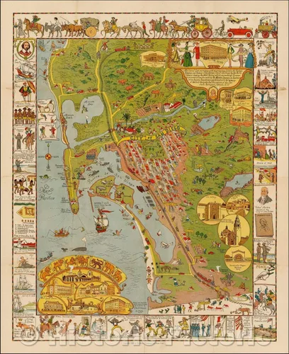 Mapa Histórico - Este carte calado retratando con la más exacta fidelidad la Historia, Romance y Humor de la gloriosa Ciudad de San Diego, 1928, Jo