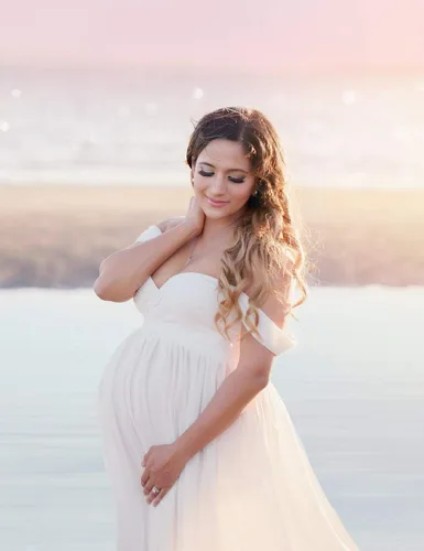 Miniatura 5 de JustVH Vestidos de maternidad para sesión de fotos con hombros descubiertos, vestido de encaje de gasa, con abertura frontal, maxi vestidos