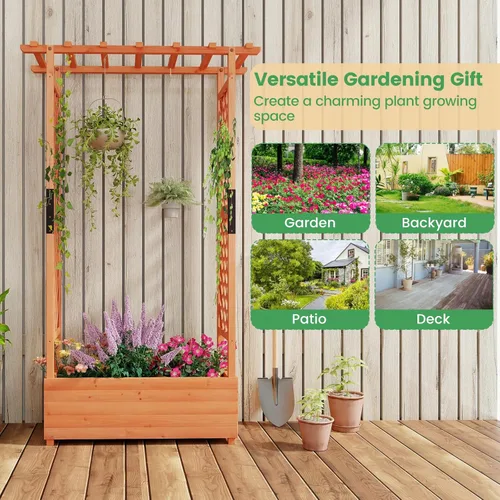 Miniatura 8 de Giantex Cama de jardín elevada con enrejado y techo colgante, jardinera de madera con parte inferior y agujeros de drenaje, maceta de jardín