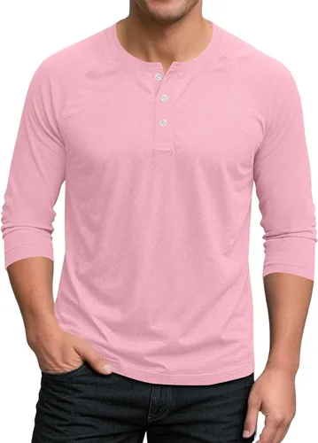 Miniatura 8 de Ctreela Camiseta Henley de manga 3/4 para hombre, estilo casual, ajustada, color sólido, manga larga, camiseta de béisbol Caqui