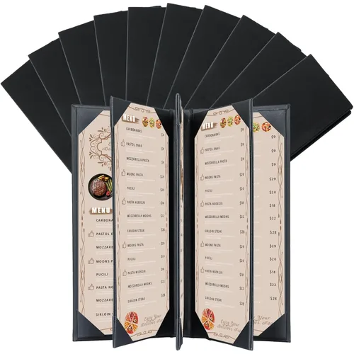 Miniatura 15 de Fundas para menú de restaurante de 4.25 x 11 pulgadas Paquete de 10 paneles de cuero sintético cuádruples con 6 esquinas anguladas para vista