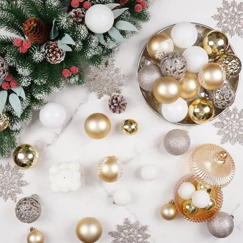 Miniatura 4 de Juego de 86 adornos surtidos de bolas de Navidad inastillables con copos de nieve, adornos decorativos de temporada con paquete de regalo de mano
