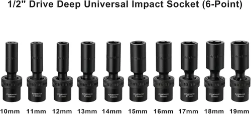 Miniatura 2 de CASOMAN 10 piezas de 1/2 pulgada de profundidad Juego de llaves de impacto universal métrico, 10-19mm