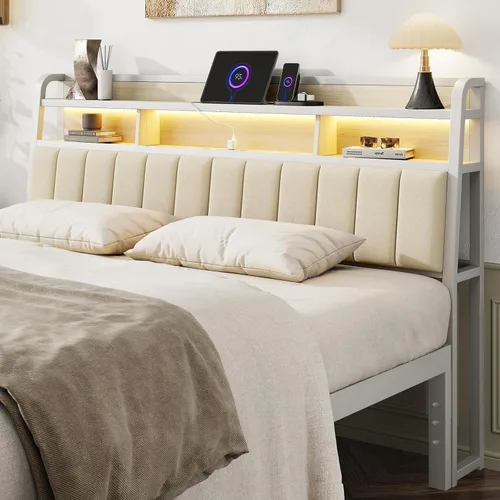 Miniatura 10 de Cabecera completa solo con almacenamiento, cabeceros tapizados para cama de tamaño matrimonial con luz LED, estación de carga, altura ajustable