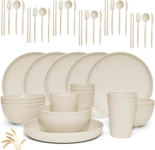 Juego de vajilla de paja de trigo -DAPIPIK 42 piezas de vajilla irrompible para 6, juego de platos y cuencos para la cocina, juego de platos, tazas