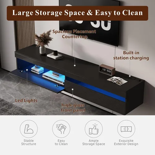 Miniatura 4 de Soporte flotante de madera maciza para TV con iluminación LED y toma de corriente, centro de entretenimiento de alto brillo de 71 pulgadas montado