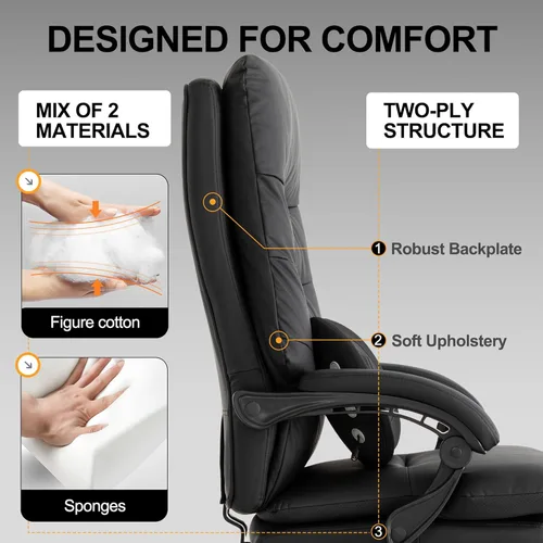 Miniatura 3 de Silla de oficina ejecutiva de masaje amasado con calefacción, silla reclinable de 90-135° con reposapiés, sillas de escritorio ergonómicas