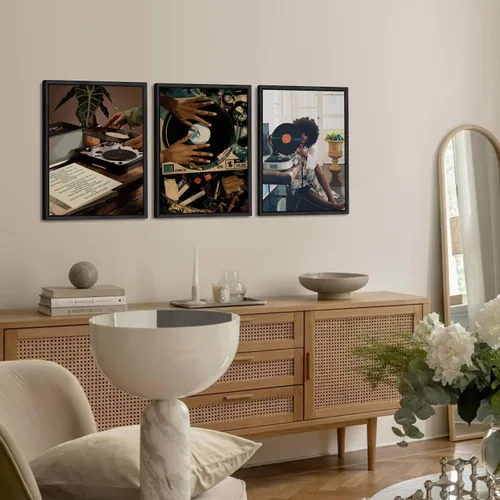 Miniatura 4 de Arte de pared de niña negra, impresiones modernas de pintura de mujer negra, juego de 3 pósteres de tocadiscos de música afroamericana, lienzo