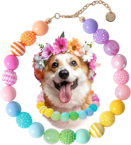 Miniatura 6 de Collar de perlas con cuentas para perro, hecho a mano, collar de perro elegante con campana, joyería para perros pequeños, cachorros (M, rosa crema)