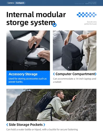 Miniatura 3 de llano Mochila compacta para cámara DSLR/SLR/sin espejo, bolsa de fotografía con ranura para laptop (para MacBook de 14 pulgadas) y soporte