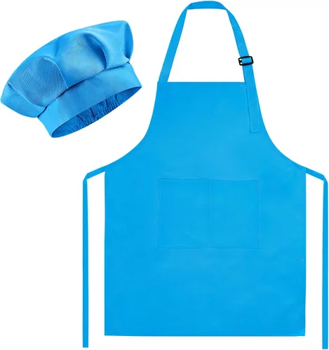 Miniatura 10 de Morcheiong Juego de gorro y delantal de chef para niños, delantal de pintura ajustable para niños y gorro de chef con 2 bolsillos para cocinar