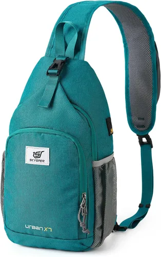 SKYSPER - Mochila de bandolera con bloqueo RFID, mochila de hombro cruzada, para senderismo y viajes, para mujeres y hombres (cian)
