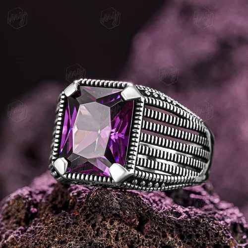 Miniatura 2 de Anillo de plata de ley 925 con piedra de amatista para hombre