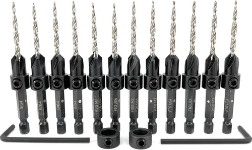Miniatura 14 de FTG USA Juego de 12 brocas avellanadoras #8 (11/64 pulgadas) con collar de tope de profundidad, llave hexagonal, brocas cónicas para madera