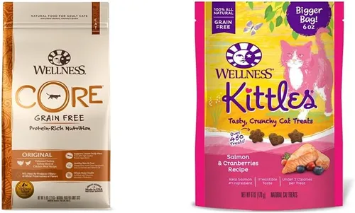 Wellness CORE Alimento seco para gatos, sin granos, receta original, pavo, bolsa de 5 libras, paquete de golosinas naturales sin granos para gatos