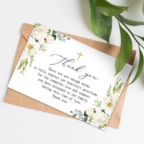 Miniatura 5 de AnyDesign Paquete de 48 tarjetas de agradecimiento fúnebres con calcomanías, sobres, tarjeta de duelo con cruz de flores con mensaje para servicio