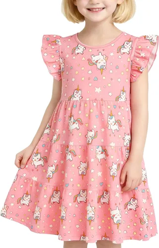Miniatura 11 de Vestido casual para niñas, de algodón suave, manga corta, transpirable, acampanado, para adolescentes, talla 2T, 3T, 4T, 5, 6, 7, 8, 9, 10, 12, 13