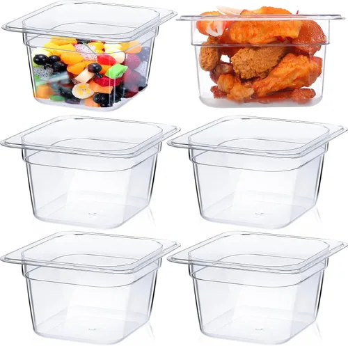 Yinder 6 Piezas Bandejas de Plástico Transparente para Alimentos Tamaño 1/6 Recipientes de Policarbonato Apilables con Indicador de Capacidad