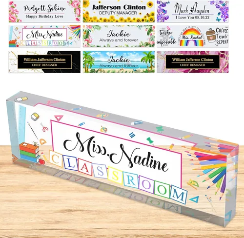 Miniatura 30 de Placa de nombre personalizada para escritorio, placas de nombre personalizadas para hombres y mujeres, diseño de girasol con logotipo de negocios