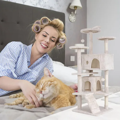 Miniatura 2 de Go Pet Club - Árbol para gatos de varios niveles de 54 pulgadas de alto con 3 postes rascadores, 3 plataformas, 2 condominios, juguetes, diseño