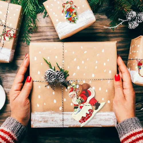 Miniatura 5 de pinkblume 19 adornos para árbol de Navidad, vintage, Papá Noel, Feliz Navidad, saludos, letrero de alegría, caja de regalo de Navidad, reno de Papá