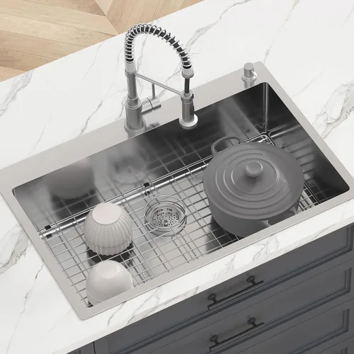 Miniatura 7 de VEVOR Estación de trabajo de cocina de 33 pulgadas, montaje superior de acero inoxidable 304, estilo granja con un solo tazón integrado con Plateado