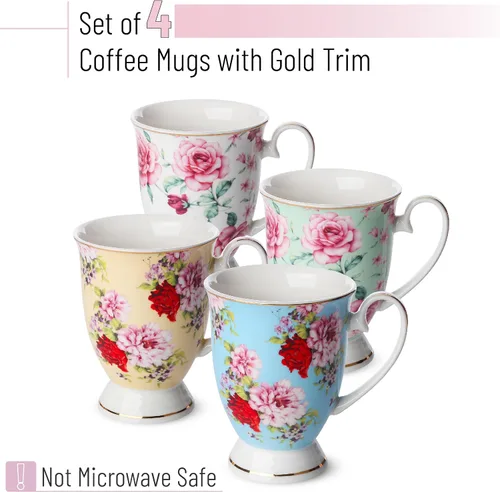 Miniatura 2 de BTT- Tazas de café grandes, 12 onzas, juego de 4, tazas florales para tazas de café, porcelana de porcelana, taza de té