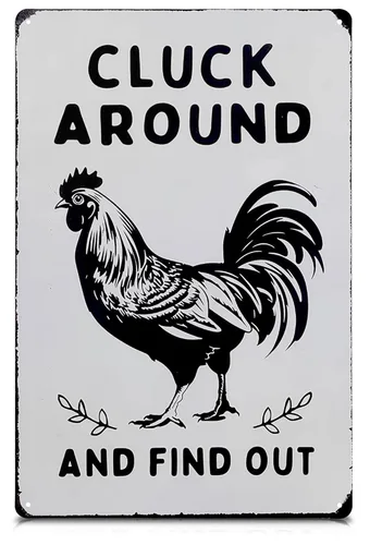 Letrero de gallinero humorístico – 12 x 8 pulgadas, decoración rústica de gallo de hojalata para granero o cocina, letrero de metal de granja,
