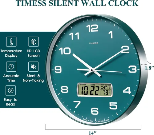 Miniatura 7 de Reloj de pared TIMESS, de 14" con gran esfera silenciosa y sin tictac, funciona con pilas, analógico con pantalla LCD para calendario perpetuo