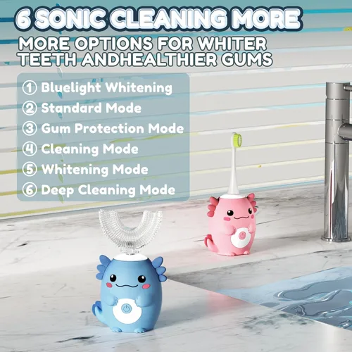 Miniatura 2 de Axolotl Cepillo de dientes eléctrico en forma de U para niños, cepillo de dientes automático Sonic de dibujos animados con 6 cabezales de cepillo