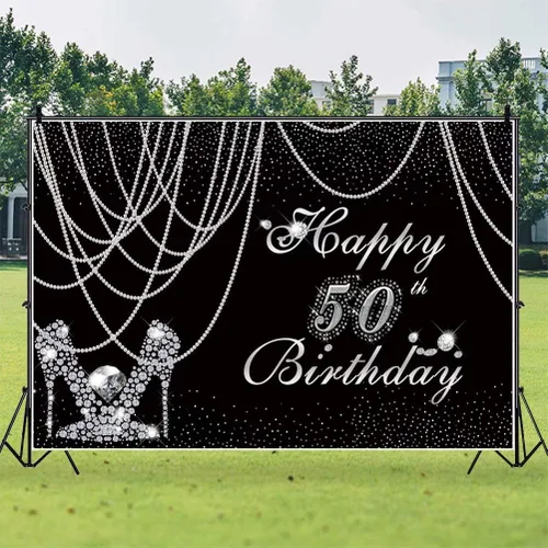 Miniatura 4 de Telones de fondo de 50 cumpleaños para mujer, color negro y plateado, cortina de perlas de 5 x 3 pies, pantuflas de diamante plateado con diamantes