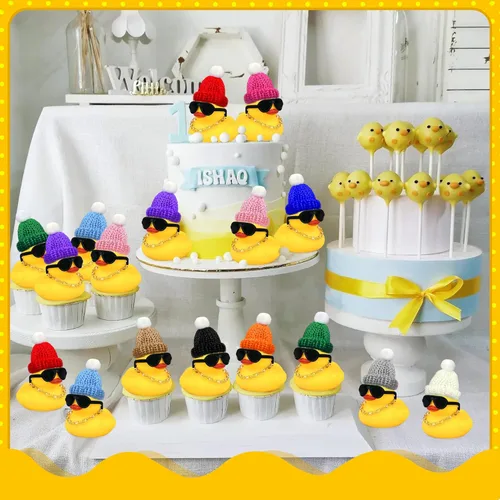 Miniatura 8 de HAVAGDTM Juego de 12 mini patos con mini sombreros, collar y lentes de sol, juguete de pato de baño para baby shower, cumpleaños, natación, fiesta
