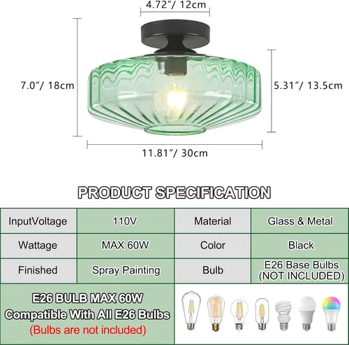 Miniatura 5 de Lámpara de techo de montaje semiempotrado, luces de techo de vidrio verde vintage de 11.8", lámpara de techo de 1 luz de estilo moderno de mediados