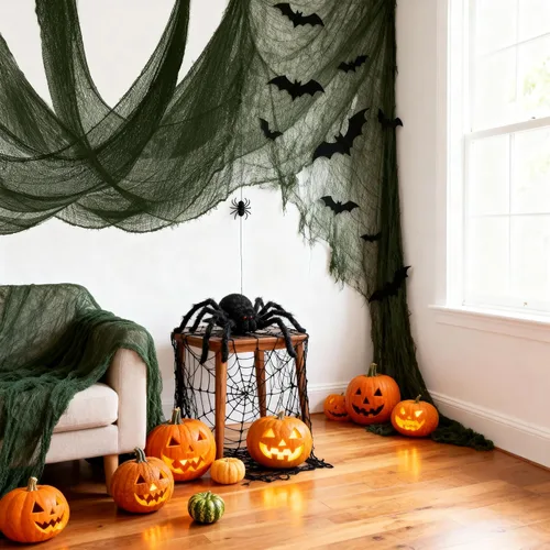 Miniatura 6 de Qtisky Juego de 5 telas de gasa espeluznante de Halloween, tapiz de gasa verde aterrador de Halloween para interiores y exteriores, decoraciones
