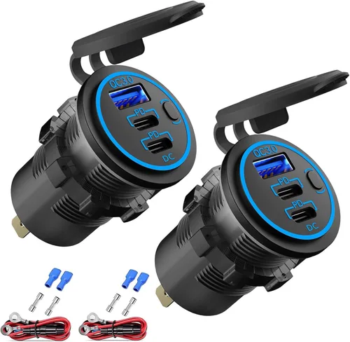 Miniatura 8 de Toma USB de 12V Cable Cargador USB Multipuerto, Dual PD3.0 USB-C y Carga Rápida 3.0 Puerto de Coche con Interruptor de Encendido, Carga Rápida