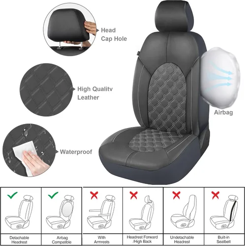 Miniatura 3 de CAROMOP Juego de fundas de asiento delantero de automóvil de piel sintética de lujo, fundas de asiento de automóvil impermeables antimanchas