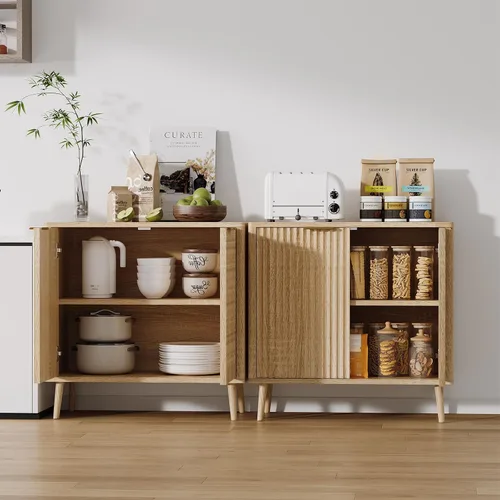 Miniatura 5 de Moderno armario de buffet acanalado con almacenamiento, consola de madera delgada de 31.5 pulgadas con puertas y estantes ajustables, armario