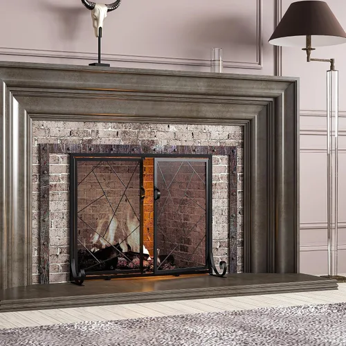 Miniatura 7 de Fire Beauty Pantalla de chimenea con puertas con bisagras Borde de hierro fundido, marco de acero resistente, malla metálica duradera, protector