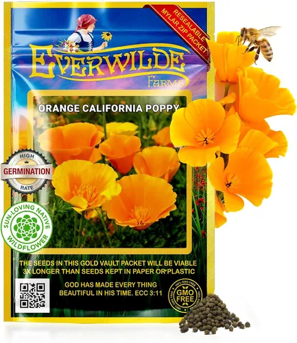 Everwilde - Semillas de amapola de naranja California de 1 oz, 15,600 unidades, flores silvestres de color naranja brillante, tolerantes a la