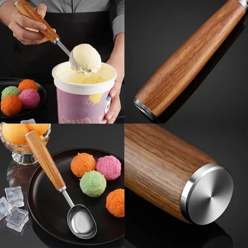 Miniatura 2 de Cuchara de helado de acero inoxidable con mango de madera, cuchara de hielo de metal para congelador, cuchara de galletas de café, accesorios