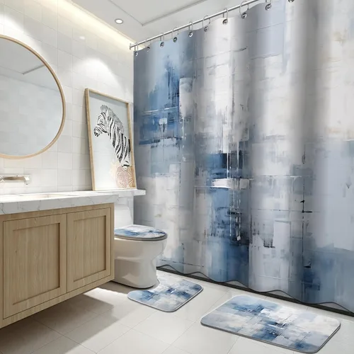 Miniatura 12 de Lnond 4 Piezas Juegos de Cortinas de Ducha de Baño Moradas con Alfombras, Arte de Pintura Púrpura y Gris Juegos de Baño con Cortina de Ducha