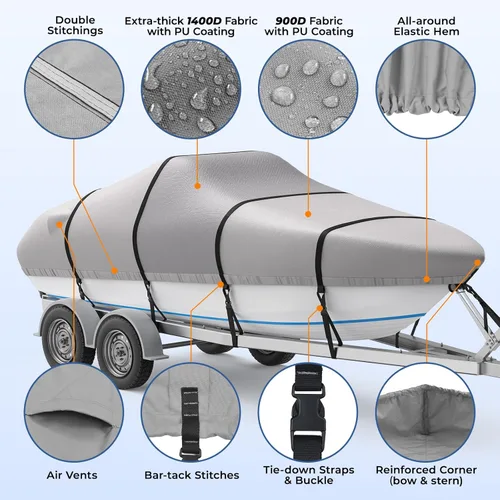 Miniatura 6 de RVMasking - Cubierta para lancha, 1400D resistente reforzada en el medio, impermeable y remolcable con bolsa de almacenamiento para casco V, de tres