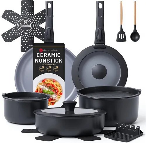Ammeloo Juego de 18 Piezas de Ollas y Sartenes Antiadherentes, Juego de Utensilios de Cocina de Cerámica de Inducción con Mango Desmontable, Juego