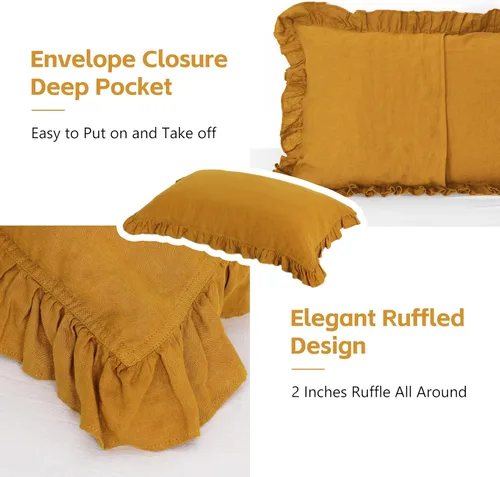 Miniatura 4 de Juego de 2 fundas de almohada de lino con volantes, 100% lino natural francés, fundas de almohada decorativas bohemias con volantes, tamaño King