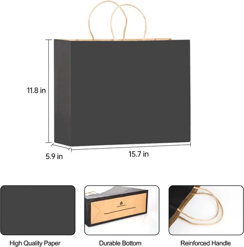 Miniatura 2 de 80 bolsas de papel negro de 16 x 6 x 12 pulgadas con asas a granel, bolsas de regalo grandes, bolsas de papel kraft grandes a granel para boutiques